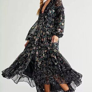 Free People Cassis Printed Chiffon Midi Dress Flowy Ruffles Floral Black S NEW